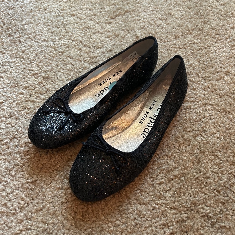 Kate Spade New York Black Glitter Ballet Flats With Bow Size 6